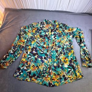 Kut From The Kloth Blouse‎ Black Blue Mixed Floral Top Button Front Sheer Large